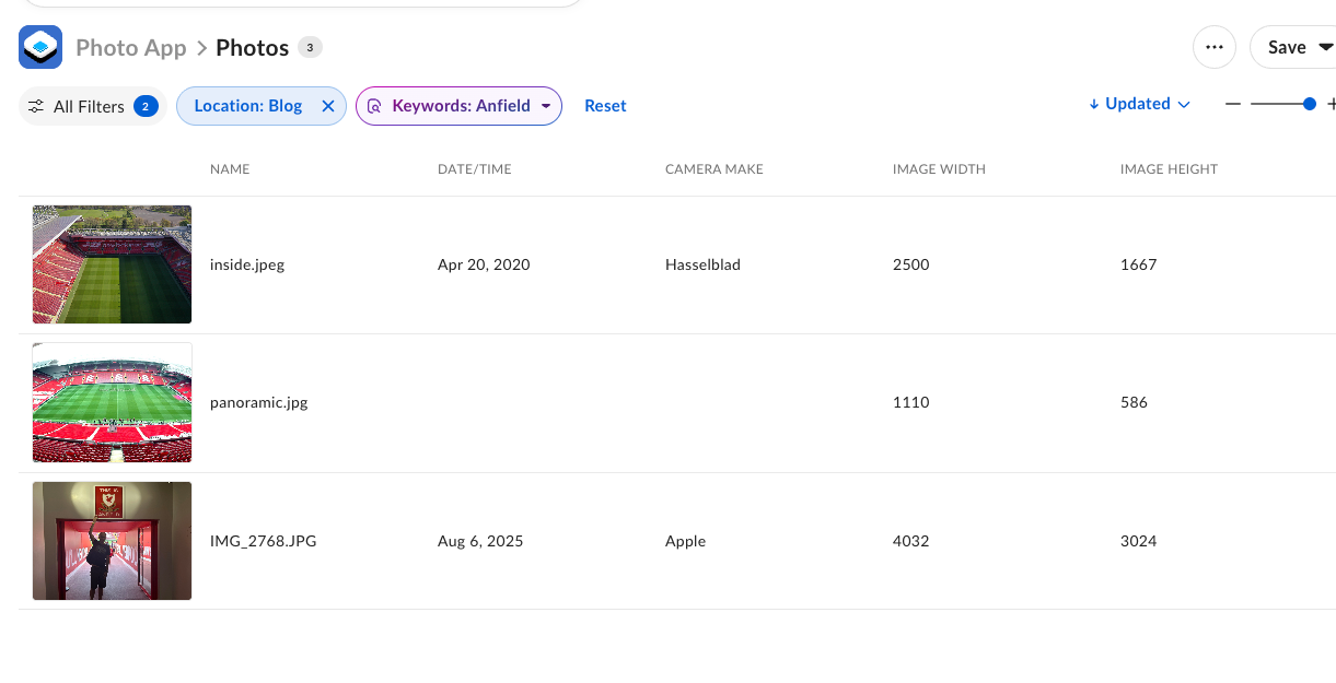 Photo App dashboard filtered by Location Blog and Keywords Anfield, showing three photos with Date/Time, Camera Make, Image Width, and Image Height columns.