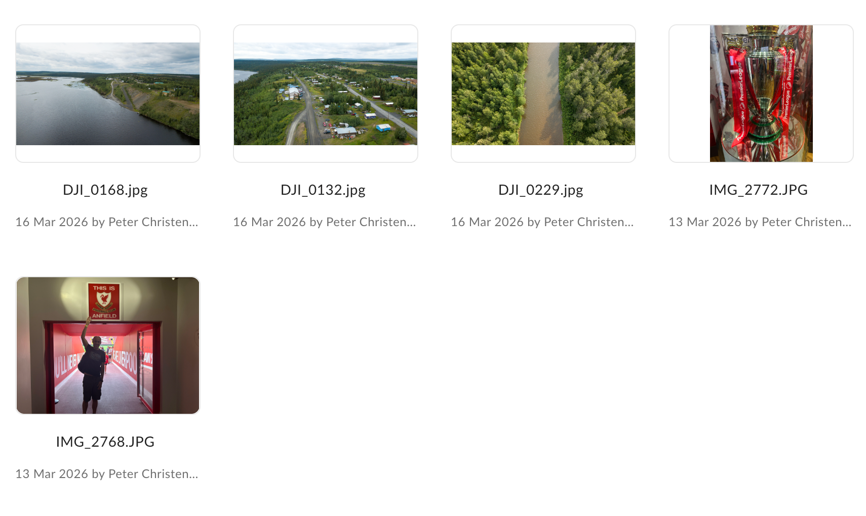 Five sample photos in a Box folder, including aerial landscapes, a trophy, and a stadium tunnel, each with a filename and upload date.