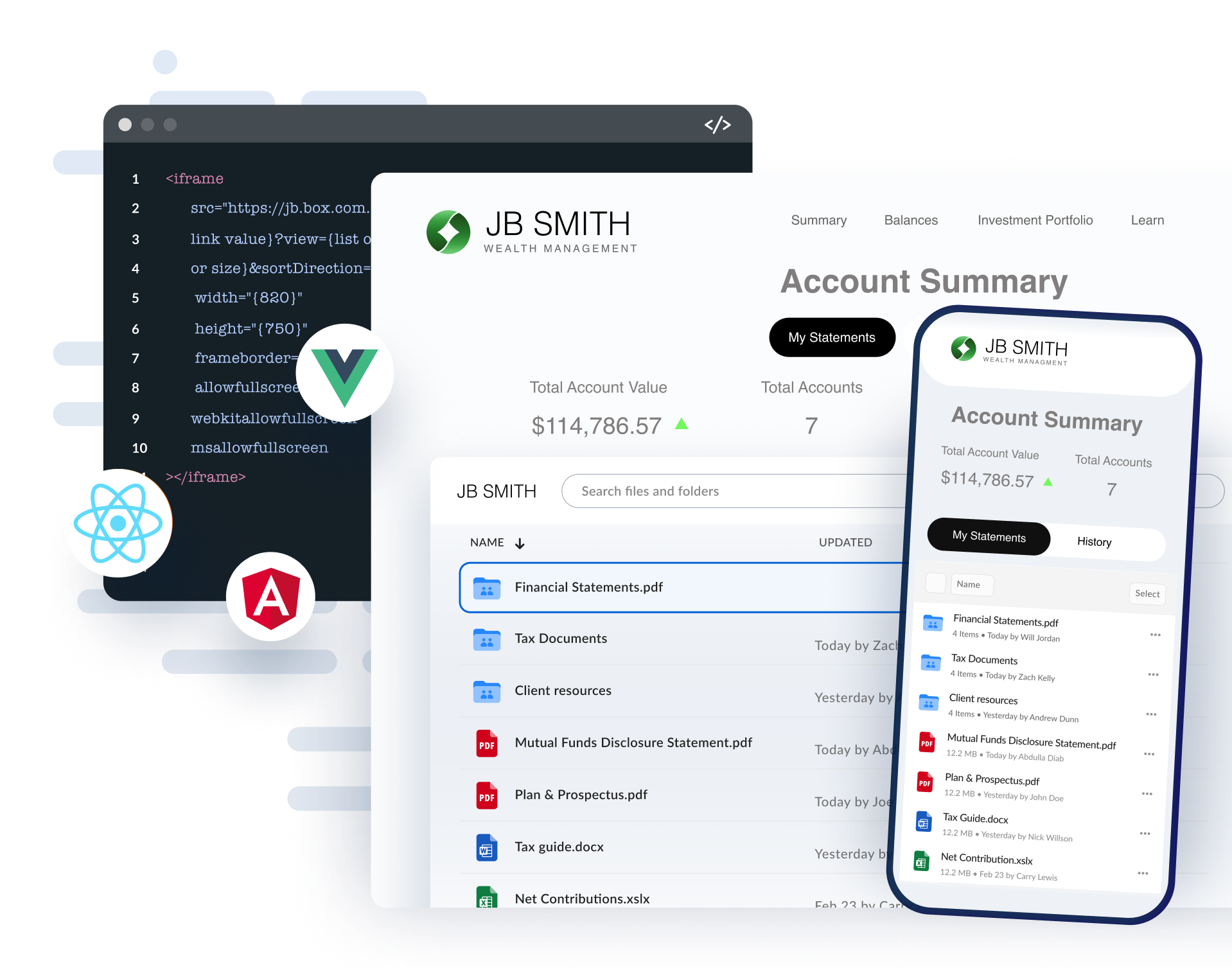 Box UI Elements showcase showing content explorer and account management interface