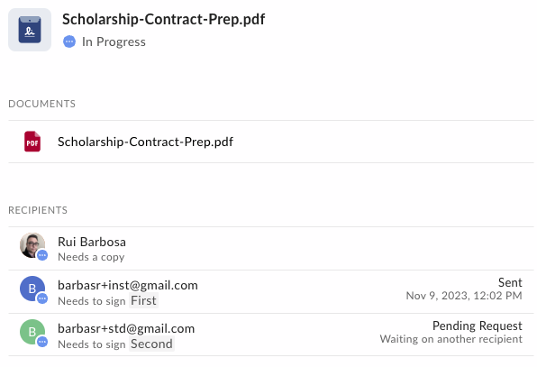 Signature request details showing the document and signers