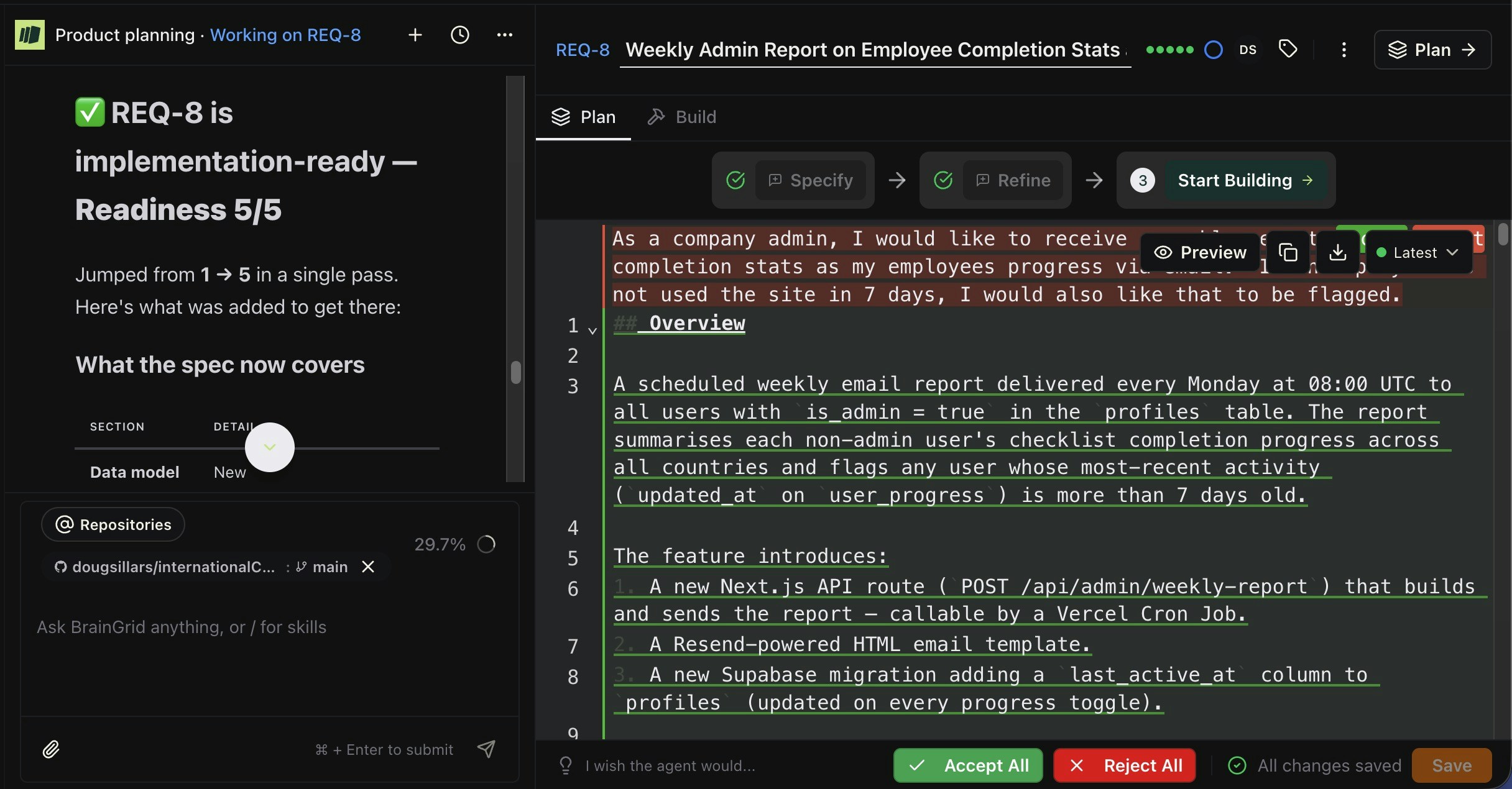 Review and edit the refined solution. Once you are happy, accept the requirement.
