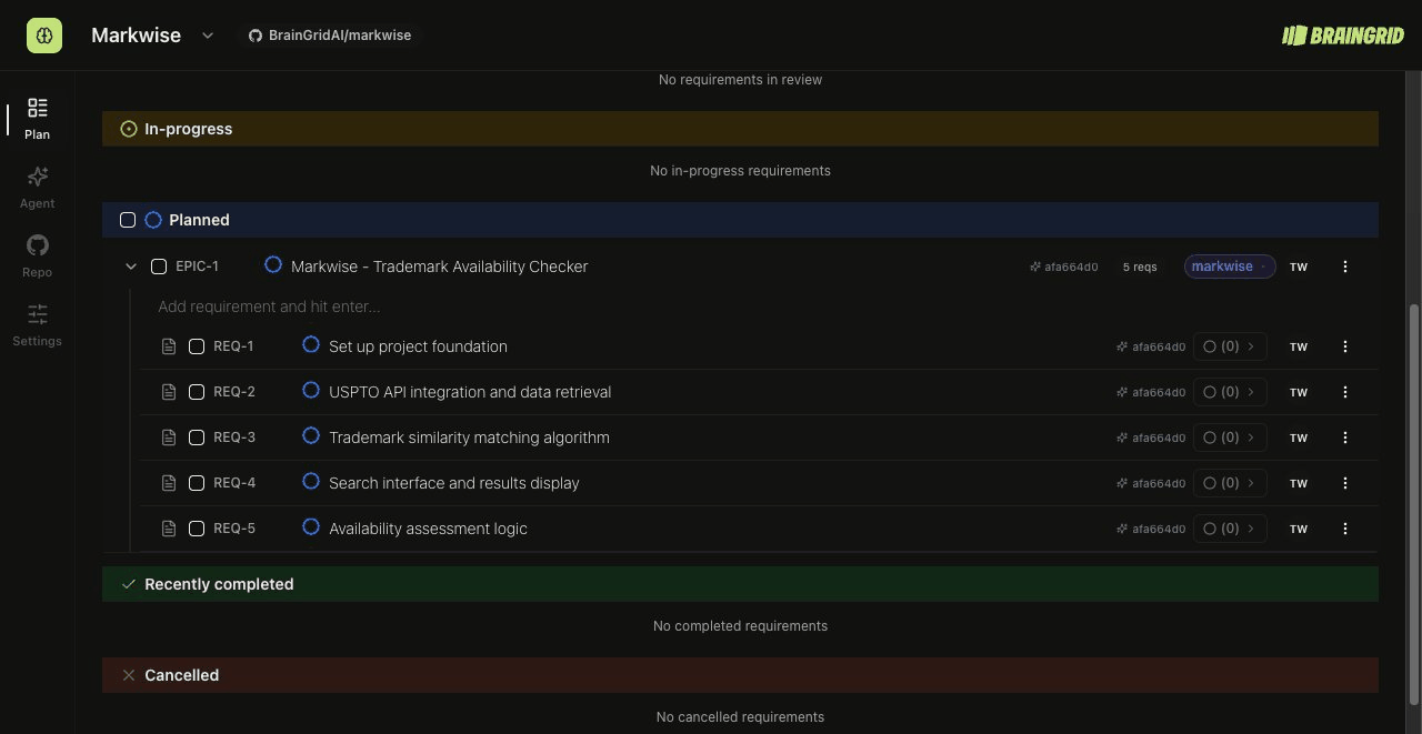 Epic hierarchy showing parent epic with child requirements in the Plan view