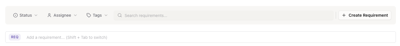 Requirements filter bar with Status, Assignee, Tags dropdowns and search