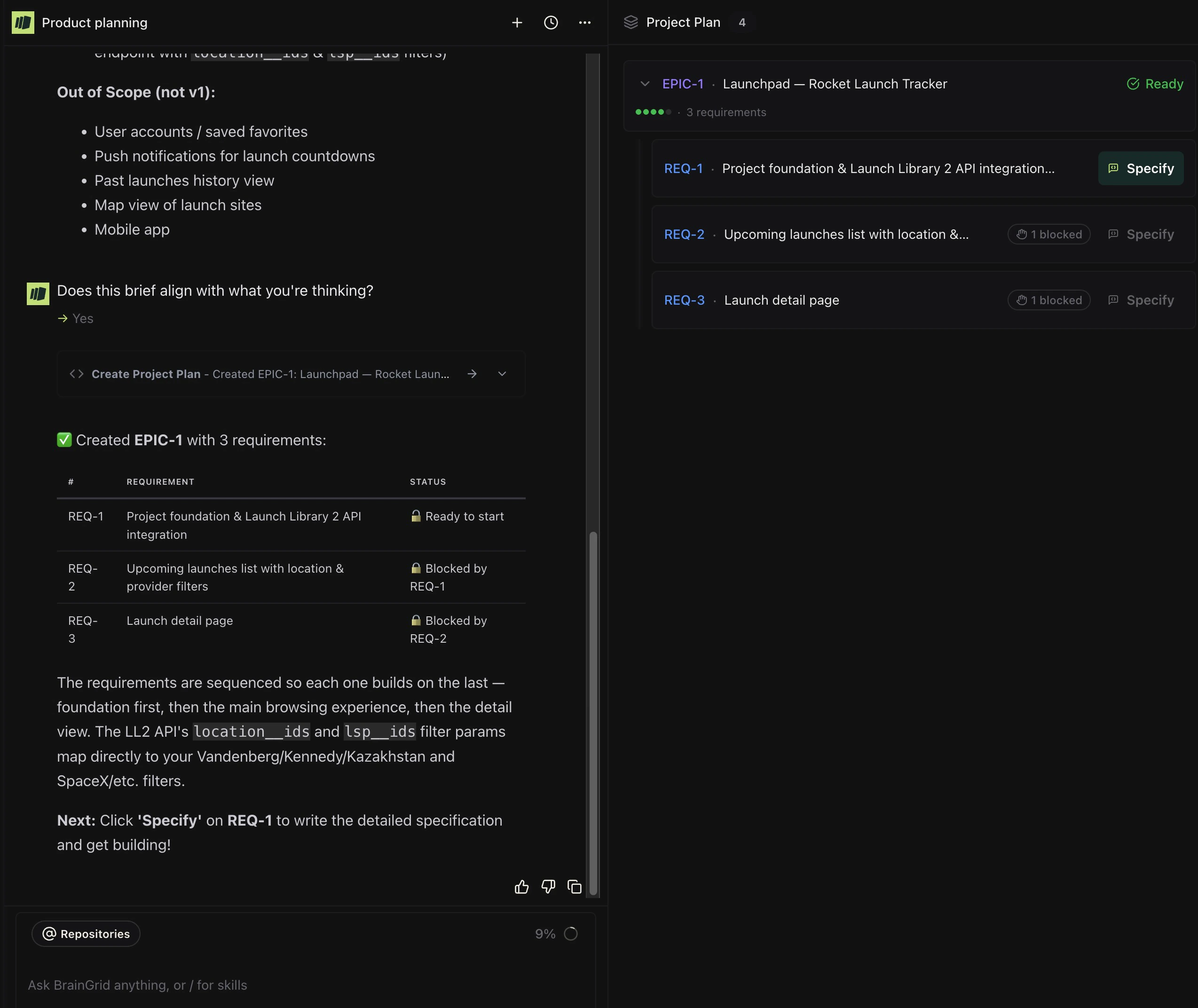 Accepted plan becomes an epic user story with requirements stubbed out.