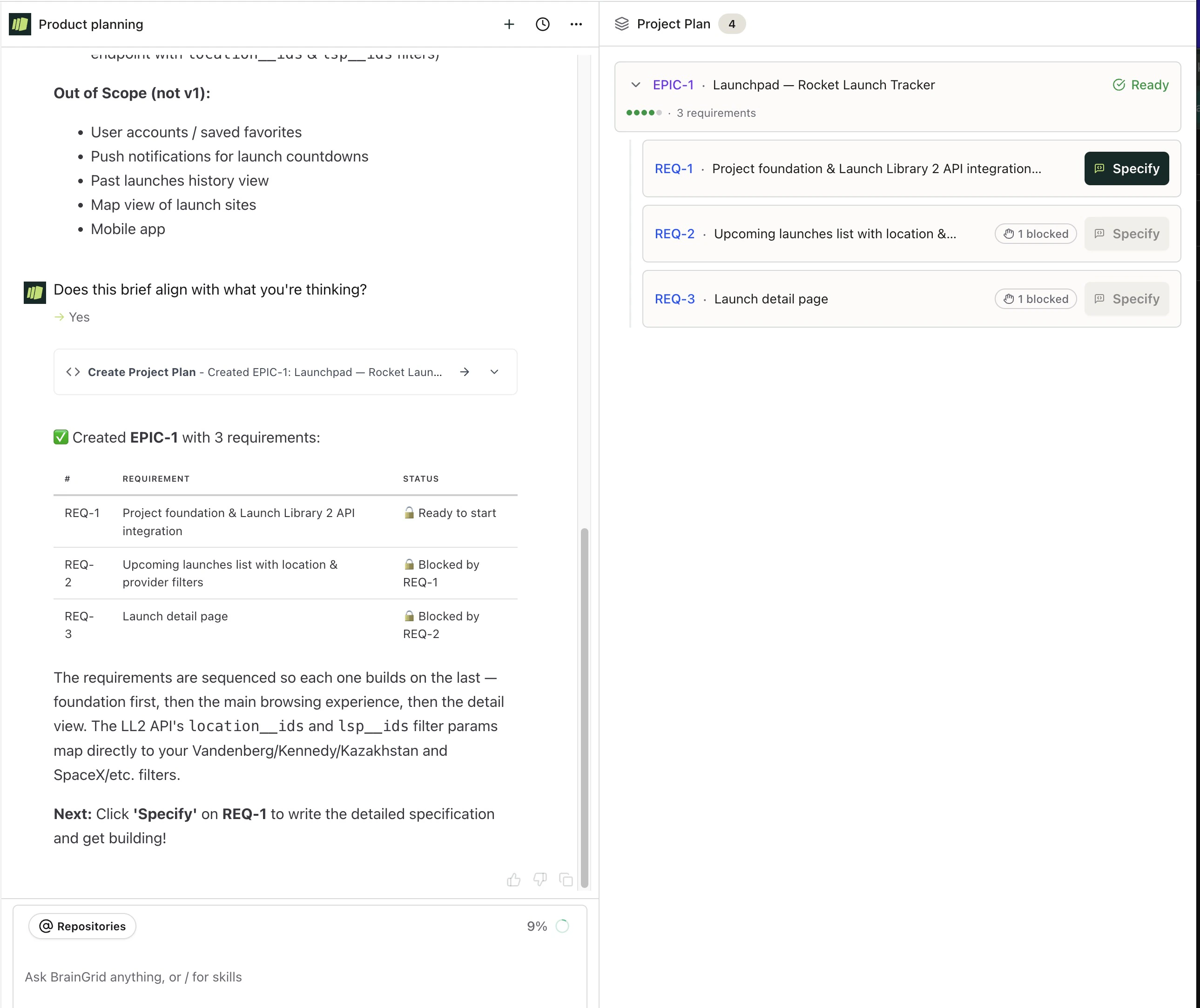 Accepted plan becomes an epic user story with requirements stubbed out.