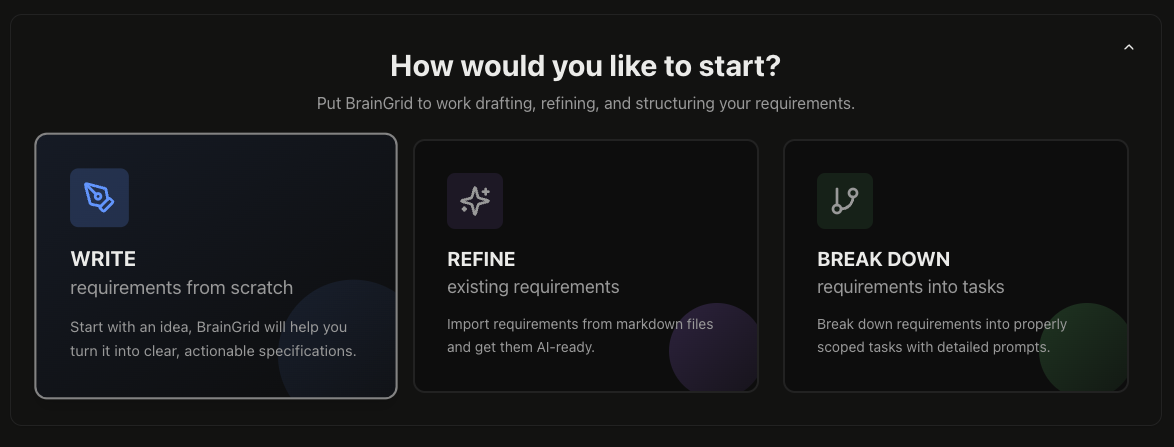 Select requirement creation method options