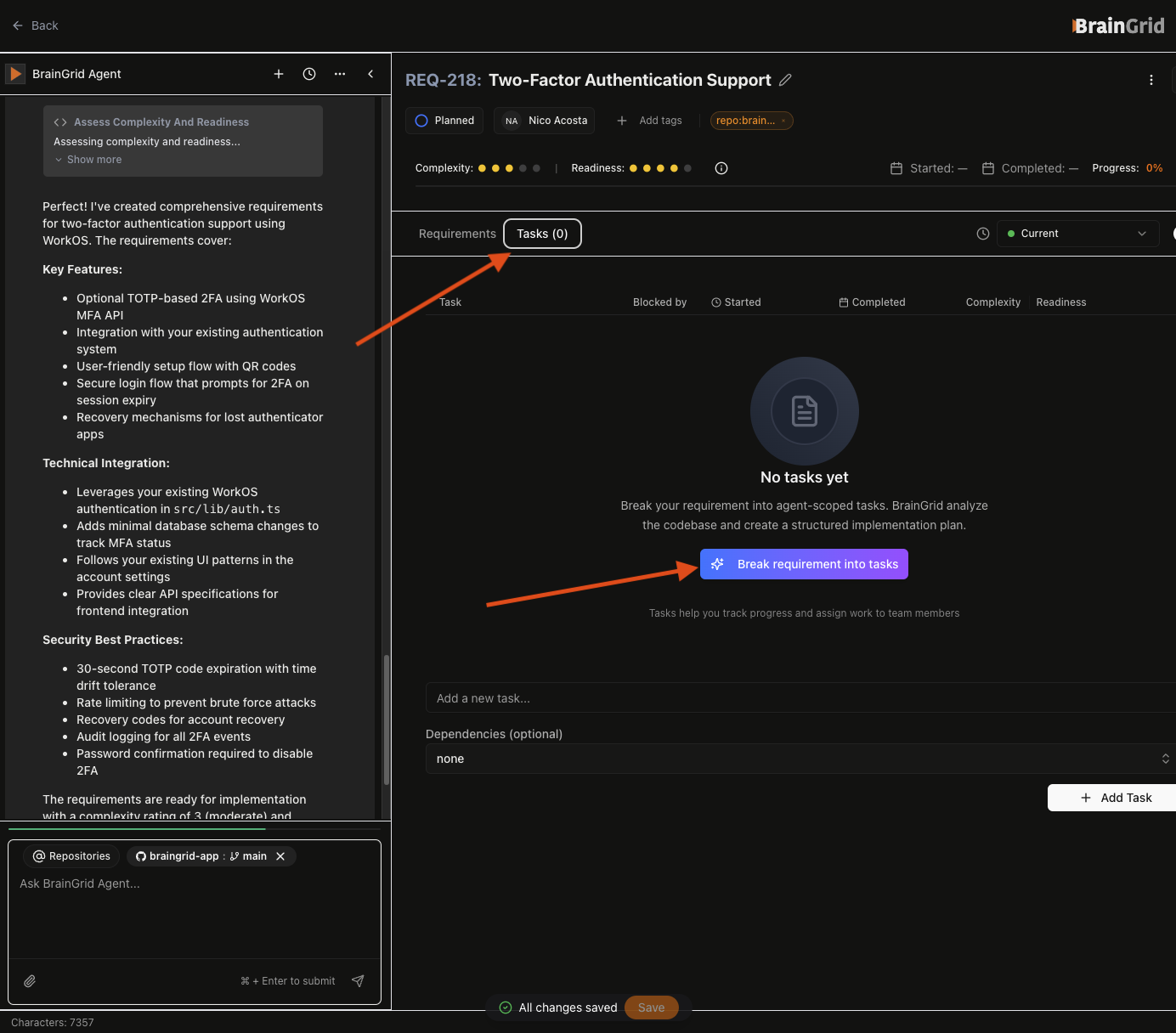 Tasks tab with break down into tasks button