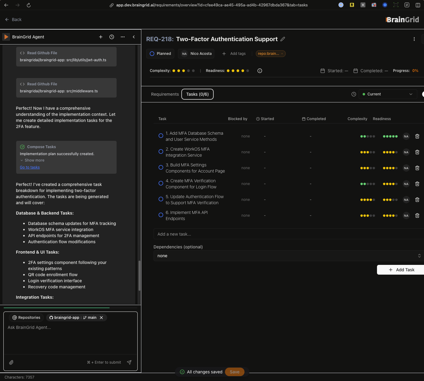 Agent analyzing requirement to create tasks