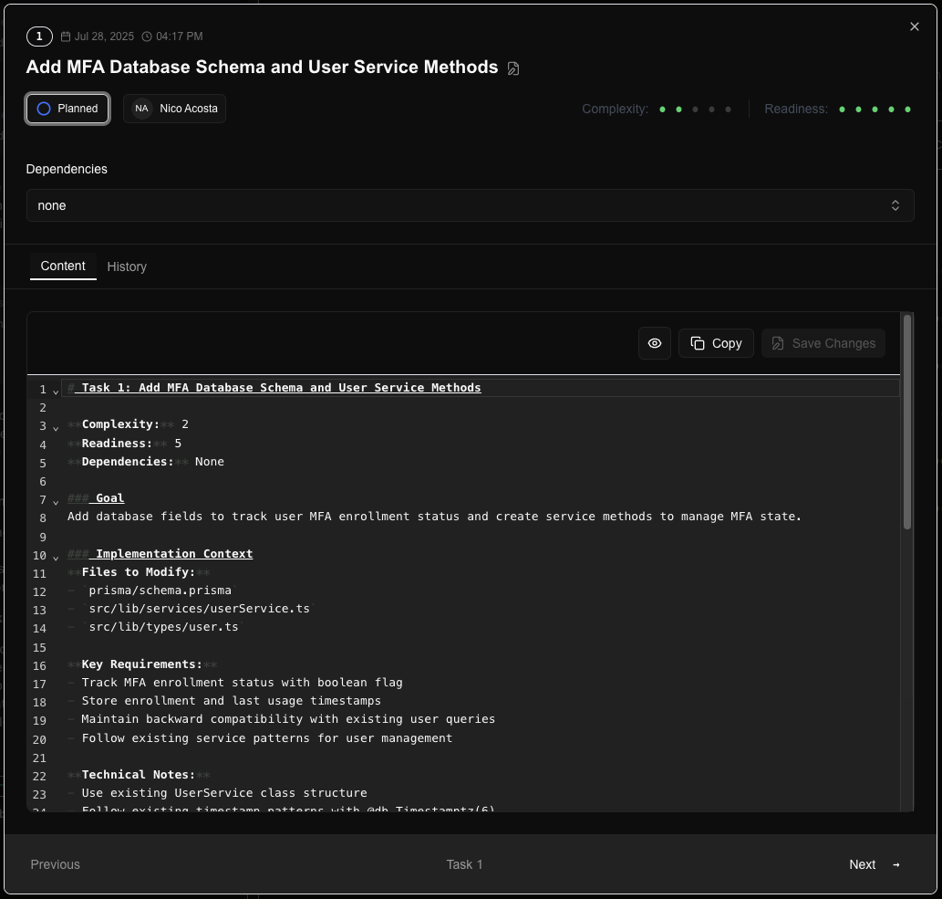 List of generated tasks with details