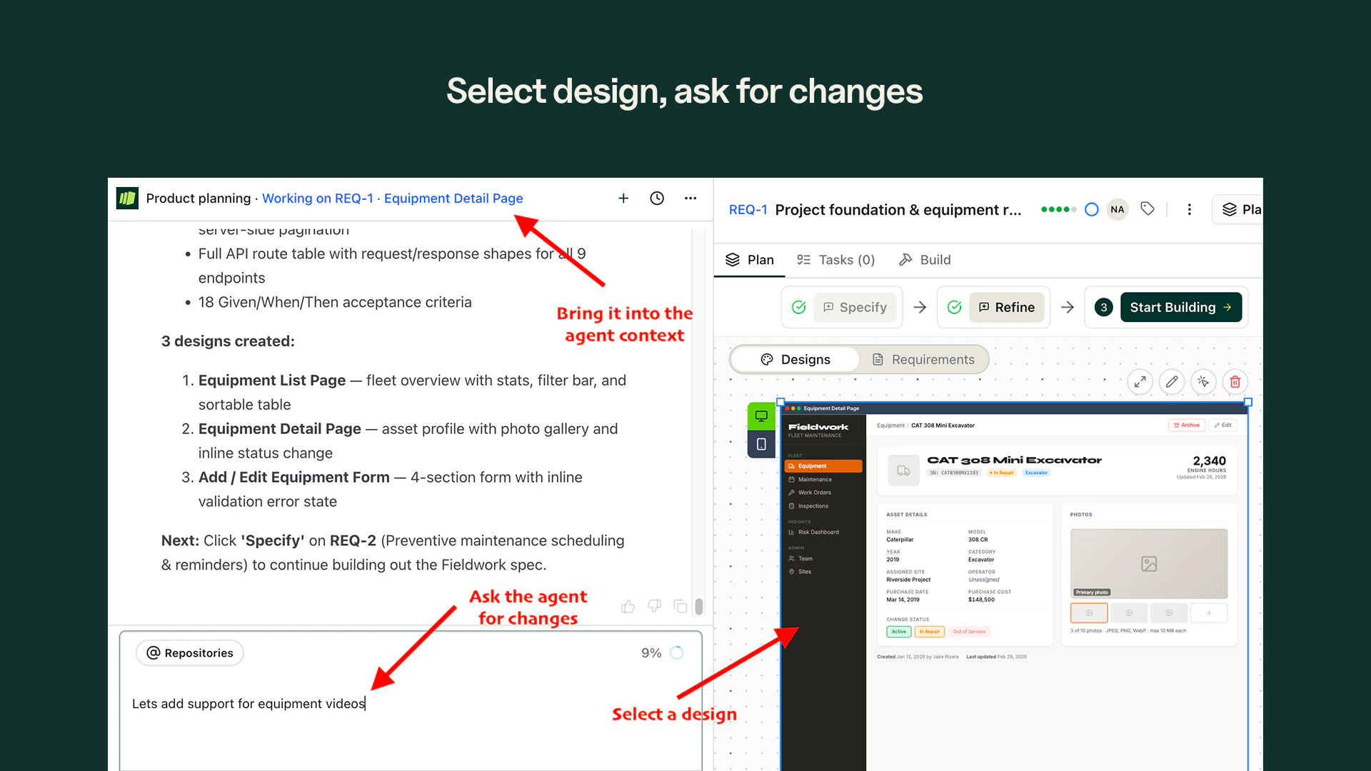 Chatting with the design agent to refine a design