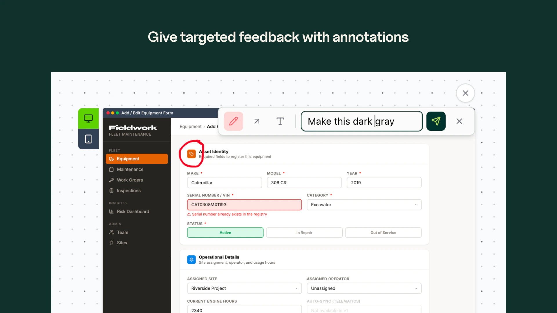 Annotating a design to select areas for changes