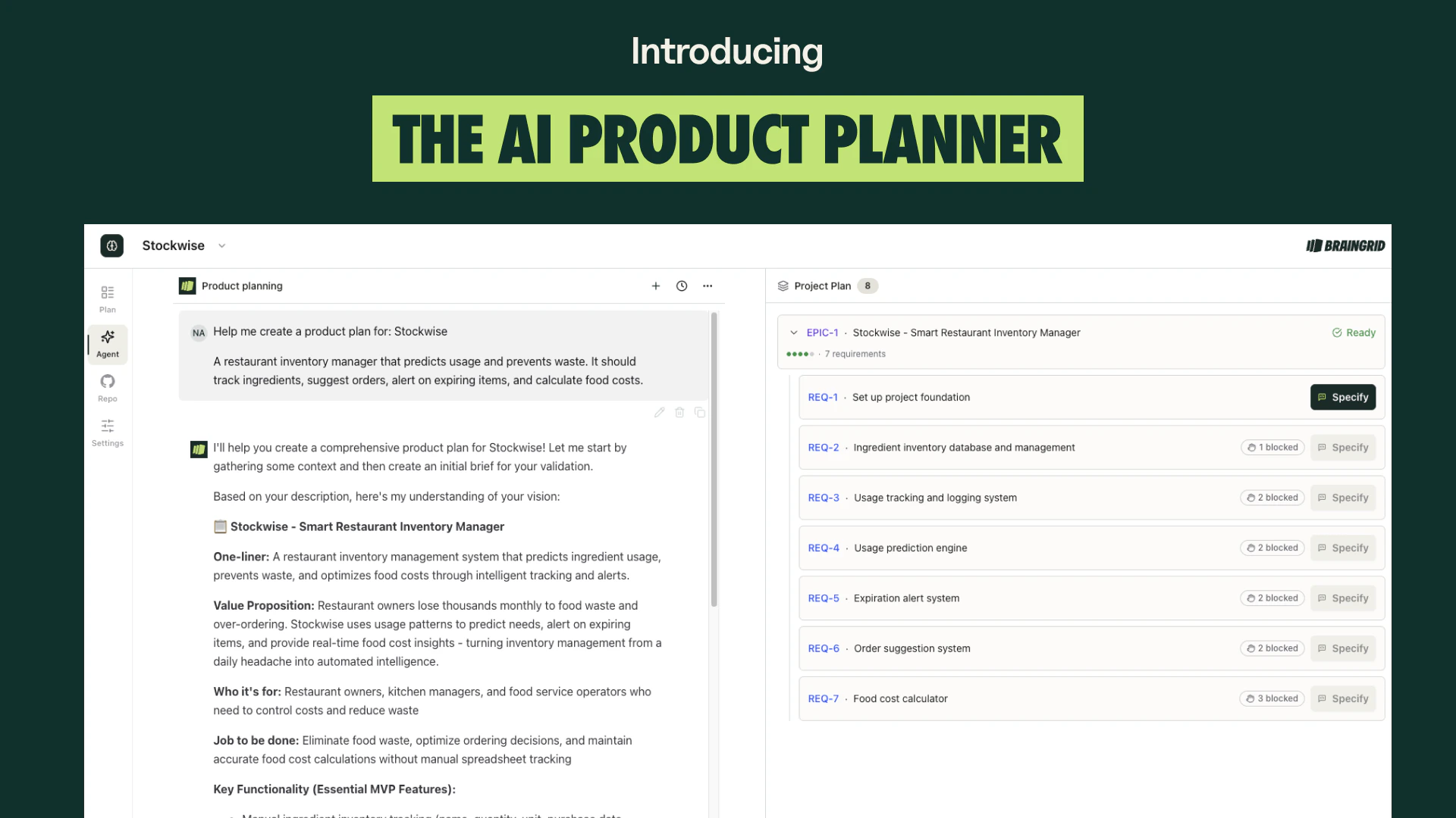 AI Product Planner unified view with epics and requirements