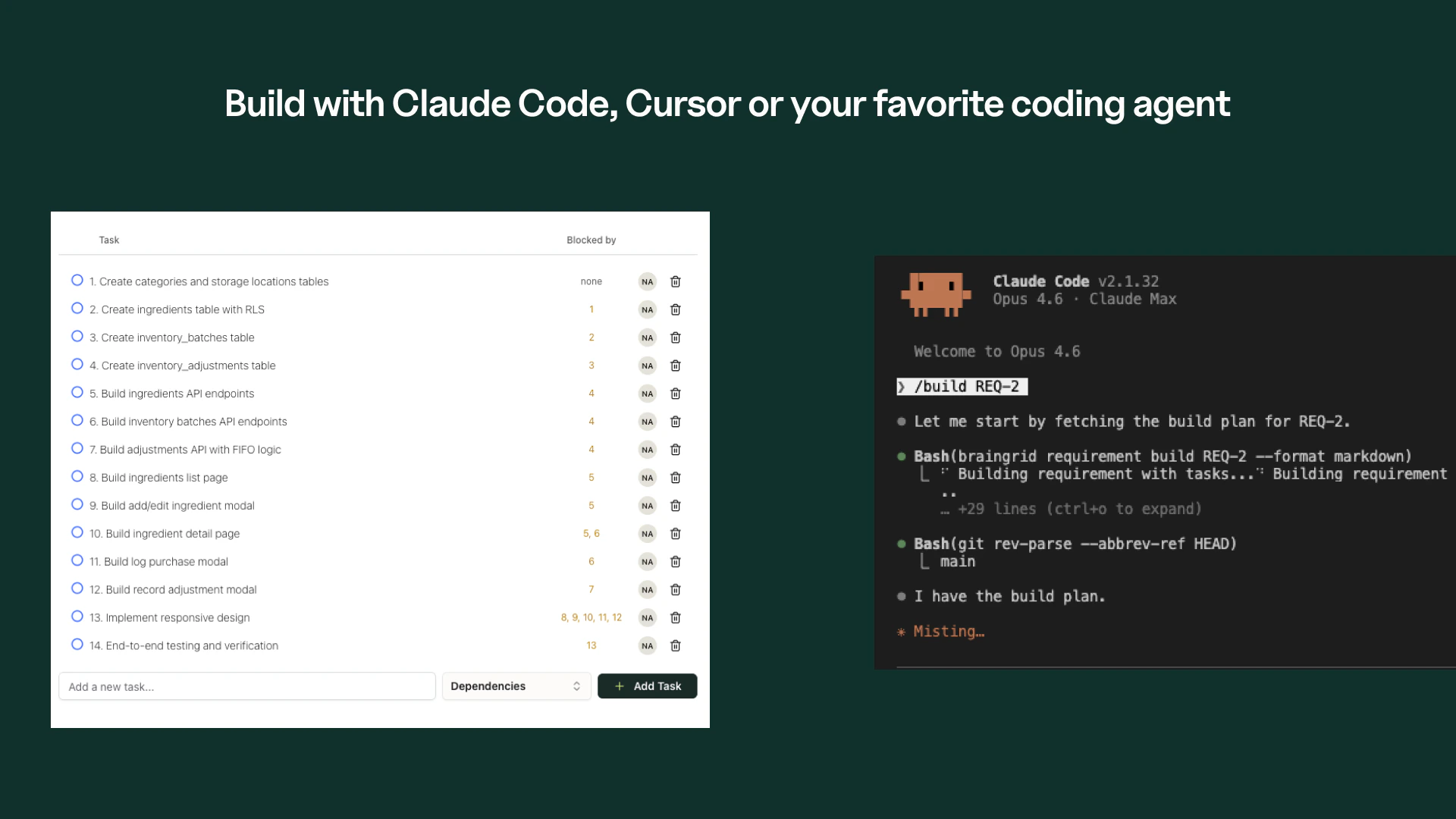 Task list with Claude Code building a requirement