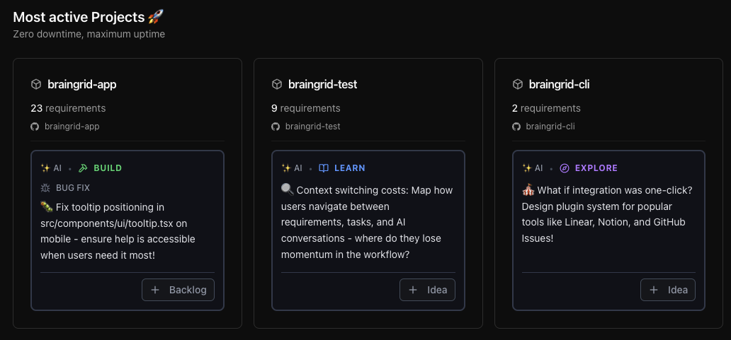 AI Feature & Bug Fix Recommendations in project cards