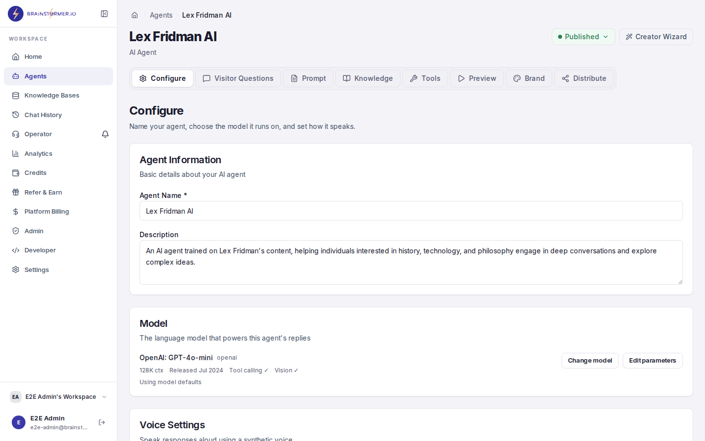 Agent editor showing model selection in the Configure tab