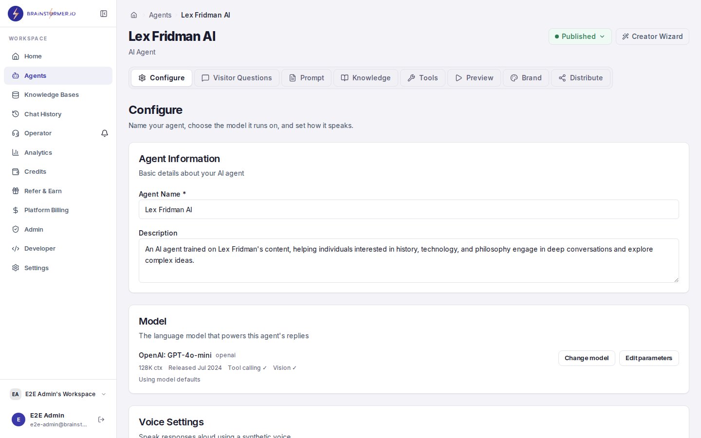 Agent editor showing model selection in the Configure tab
