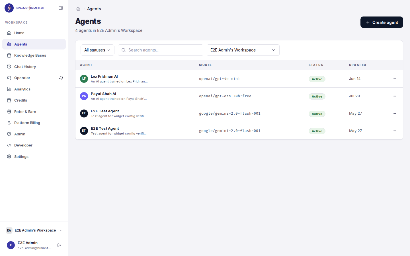 Agents list page in Brainstormer