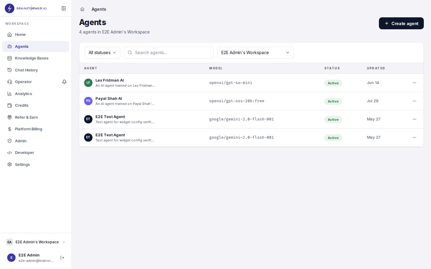 Agents list page in Brainstormer