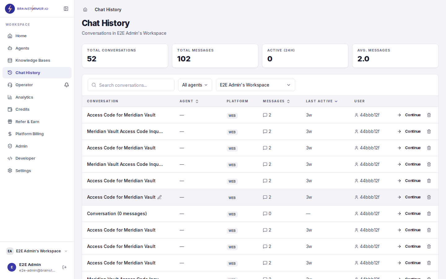 Conversation history page with agent conversations