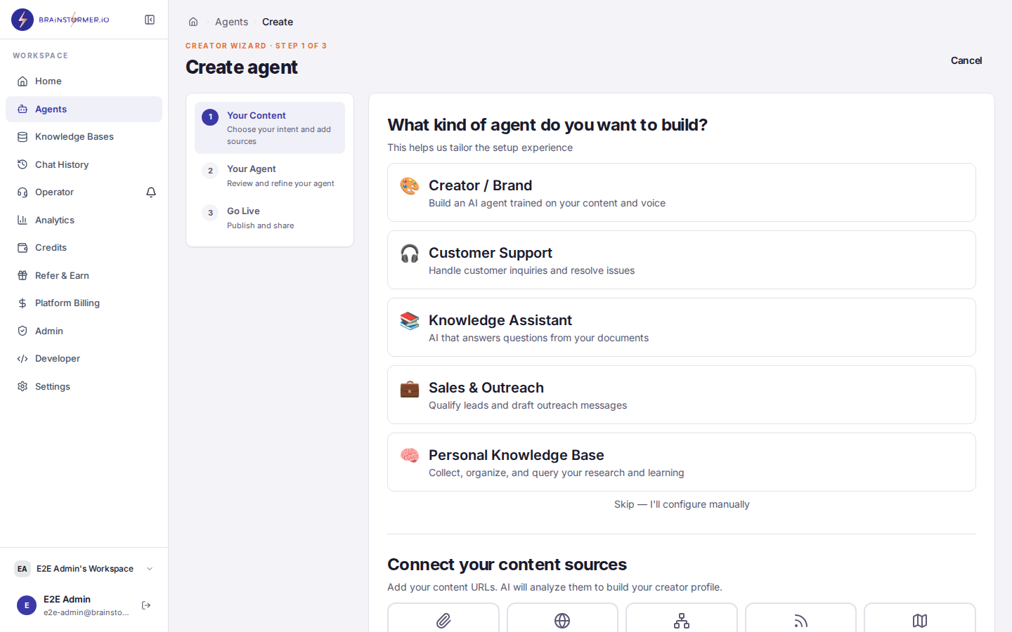 Creator Wizard 3-step agent creation flow