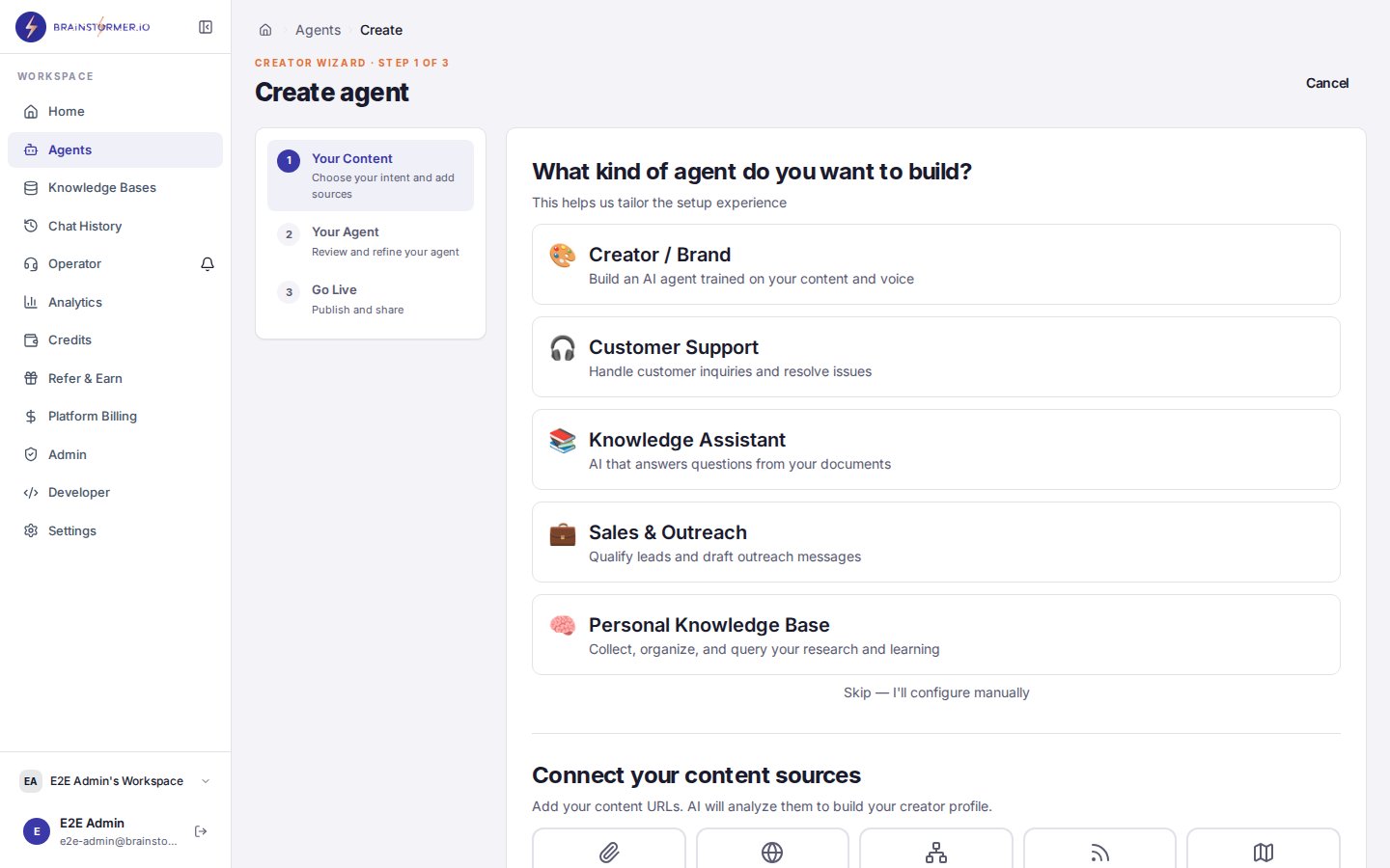 Creator Wizard 3-step agent creation flow