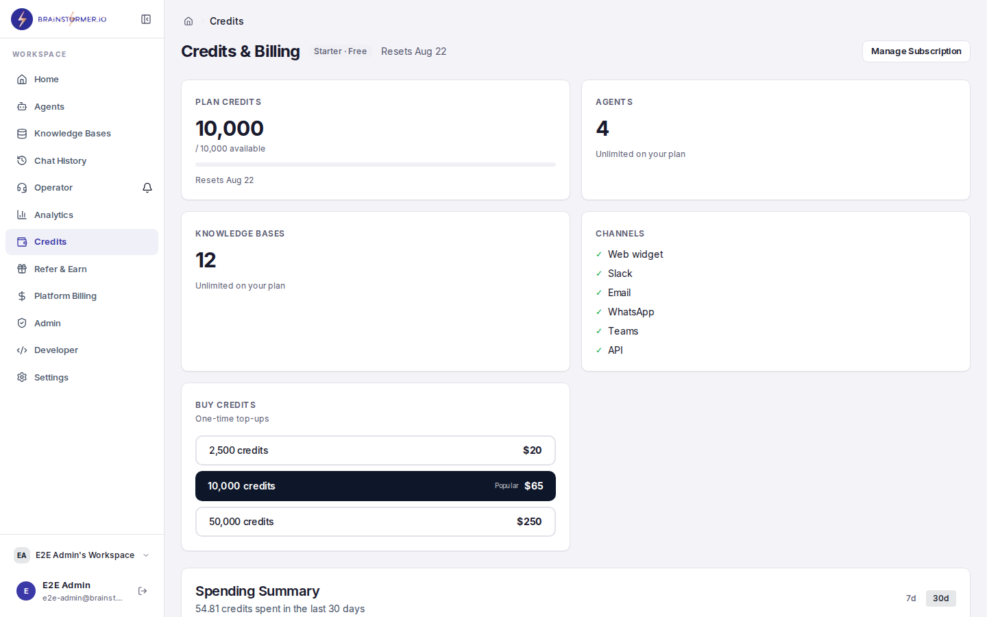Credits and billing overview page