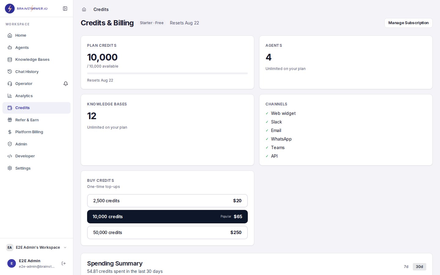 Credits and billing overview page
