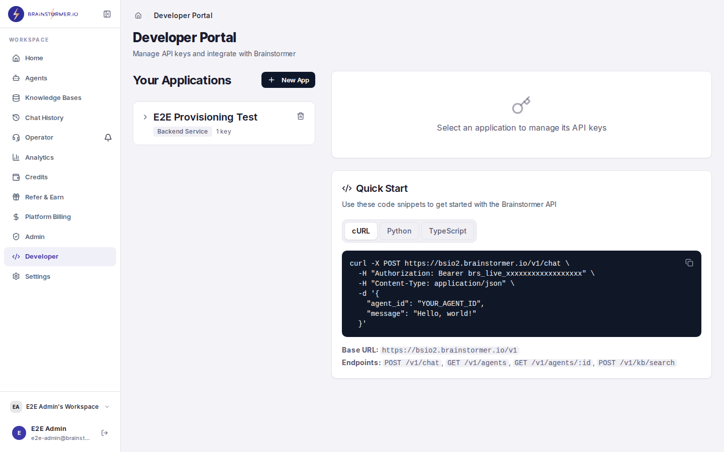 Developer portal showing API key management