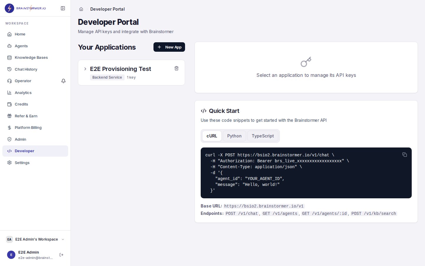Developer portal showing API key management