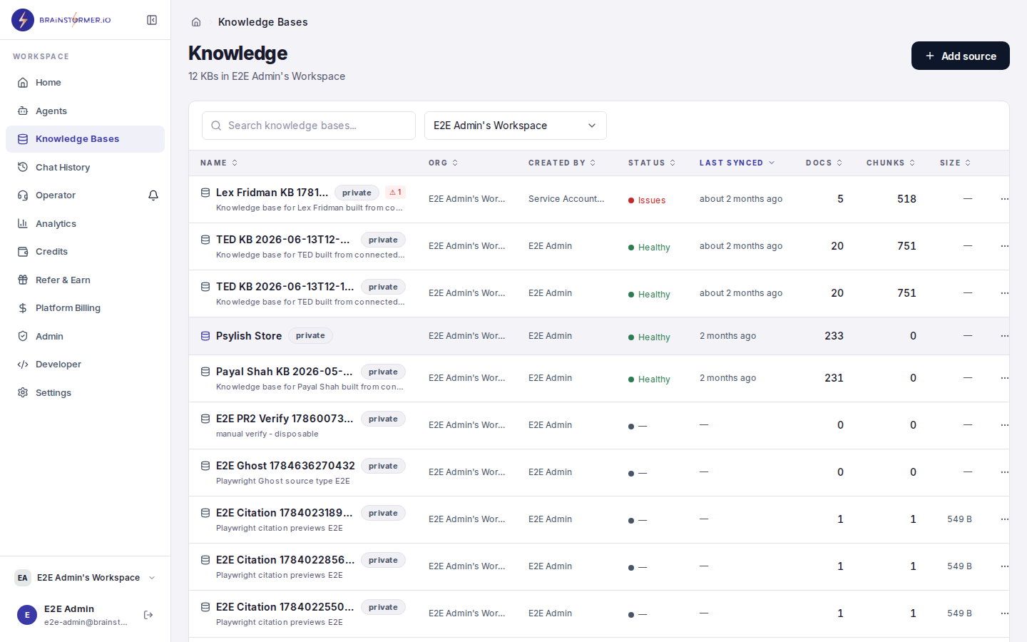 Knowledge base detail view with document statistics