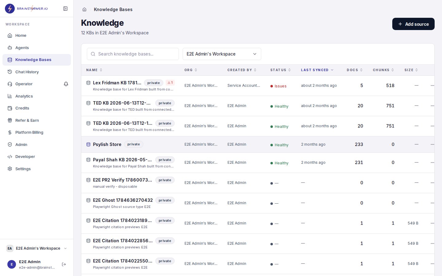 Knowledge base detail view with document statistics