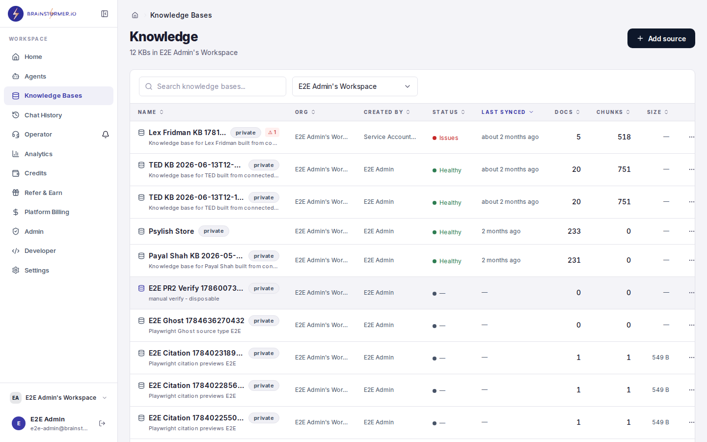 Knowledge bases list page