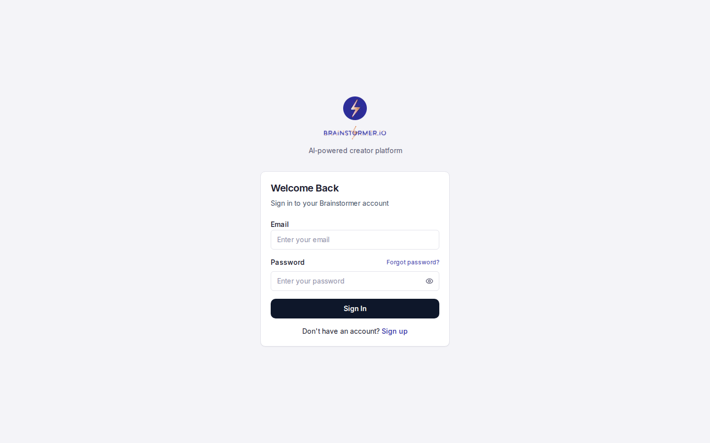 Brainstormer login and registration screen