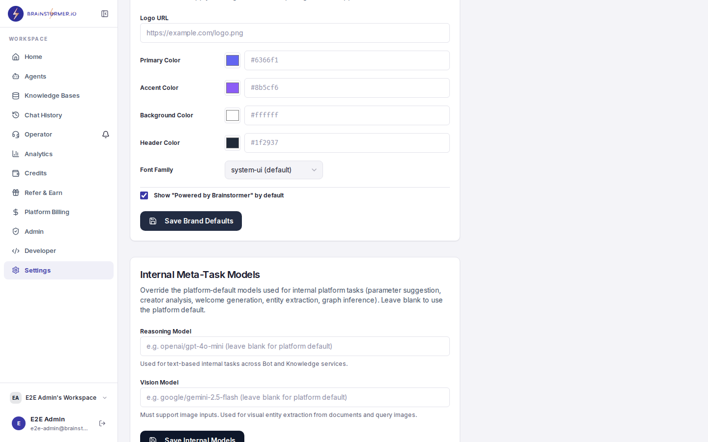 Brand Defaults section