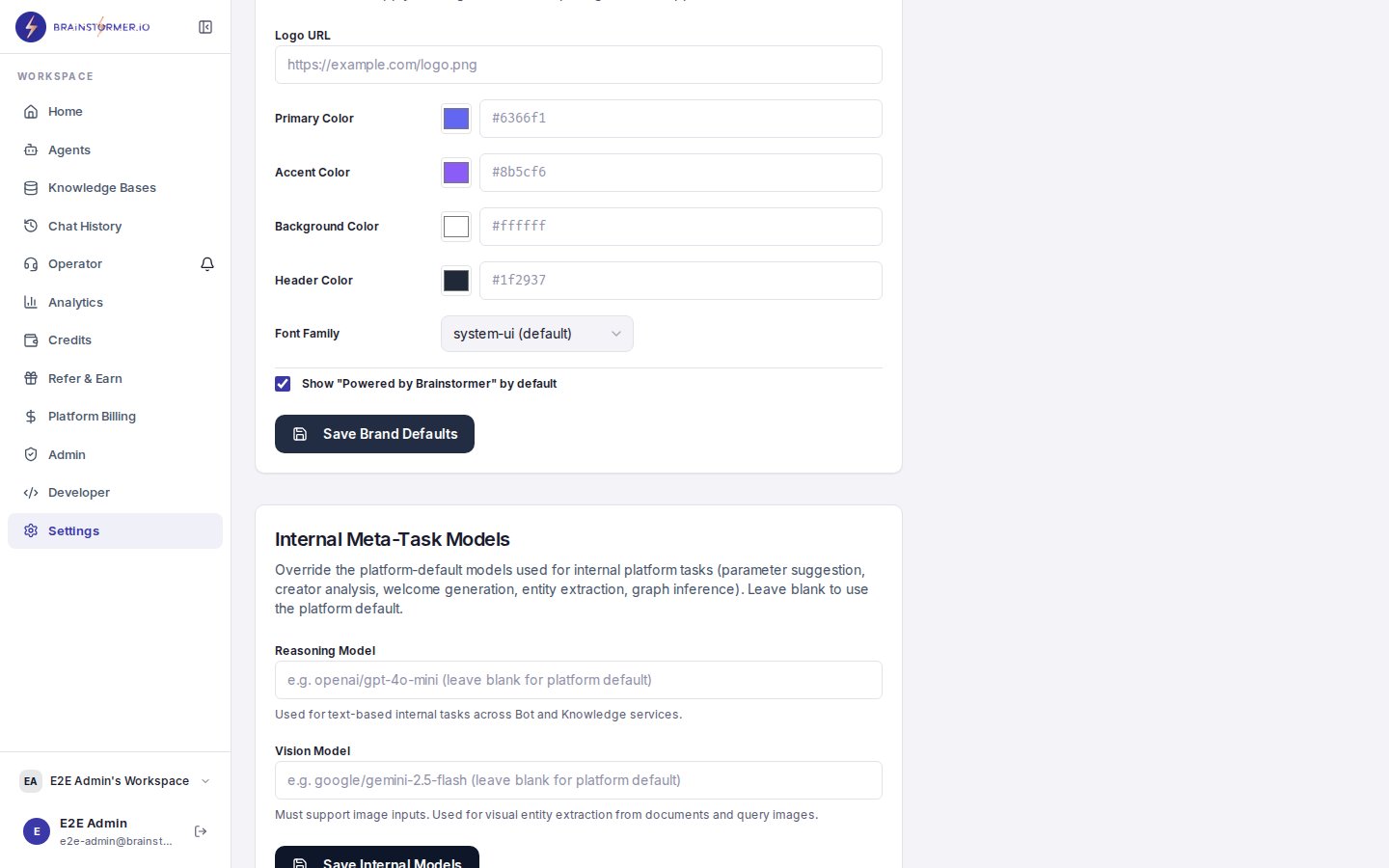 Brand Defaults section