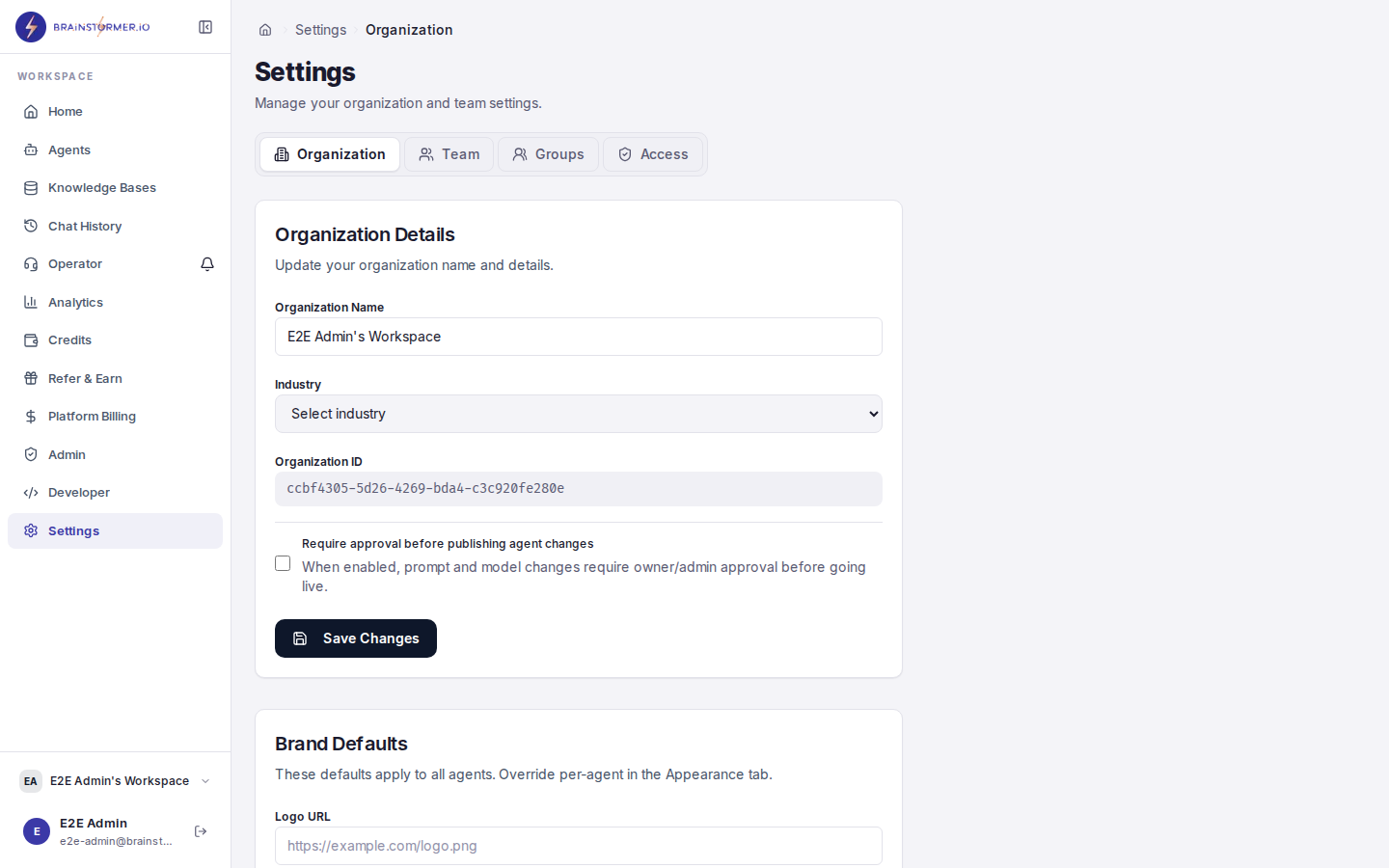 Organization settings page