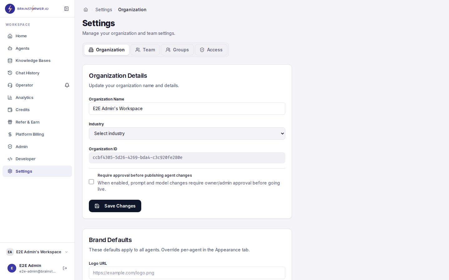 Organization settings page