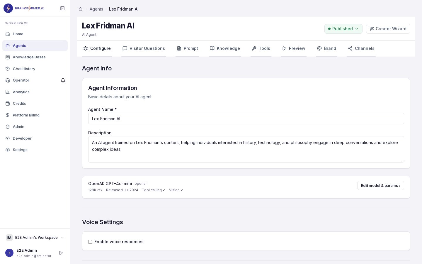 Agent editor showing model selection in the Configure tab