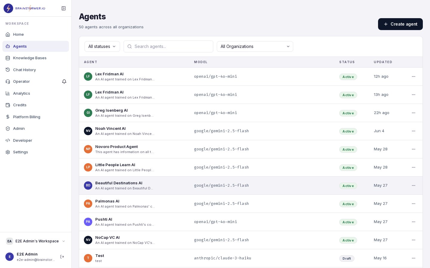 Agents list page in Brainstormer