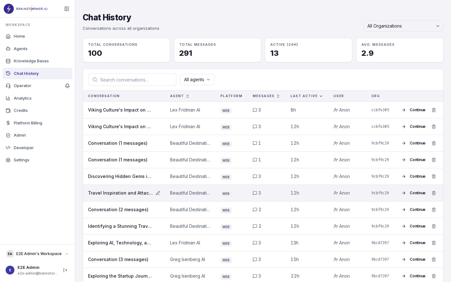 Conversation history page with agent conversations