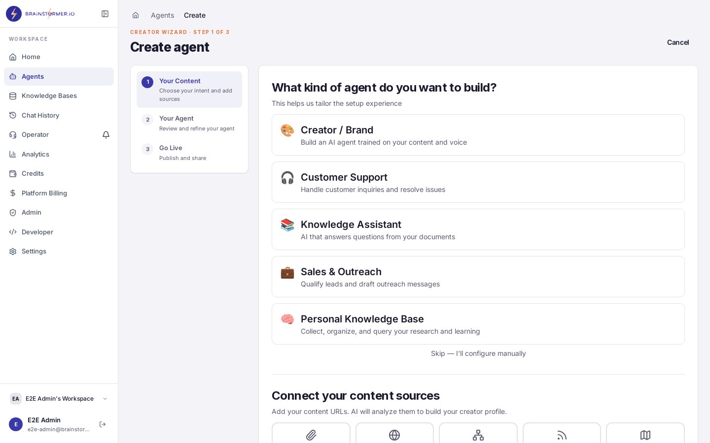 Creator Wizard 3-step agent creation flow