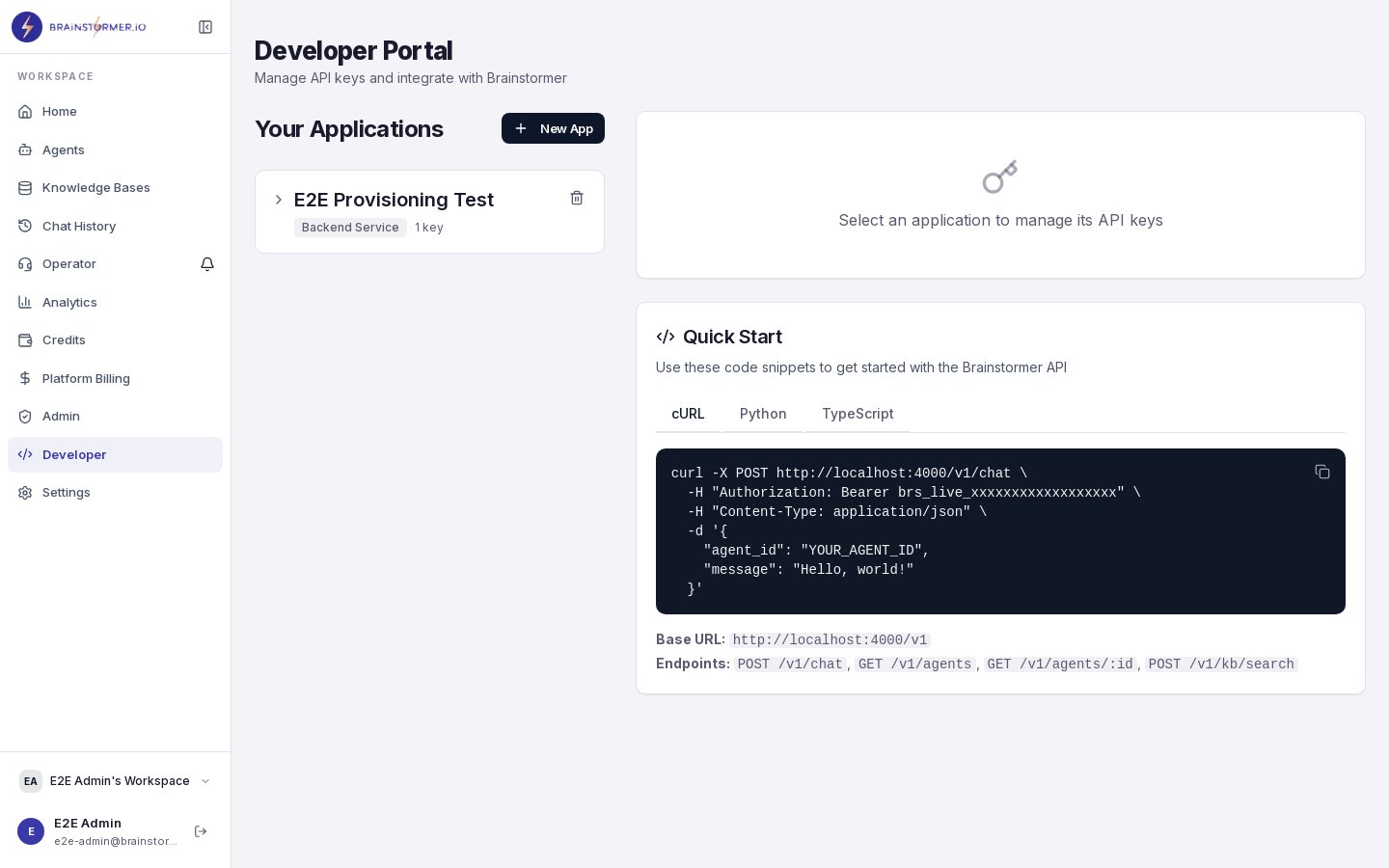 Developer portal showing API key management