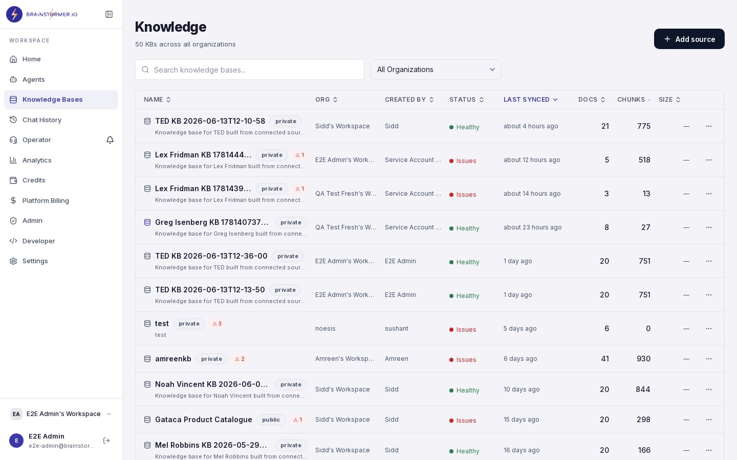 Knowledge base detail view with document statistics