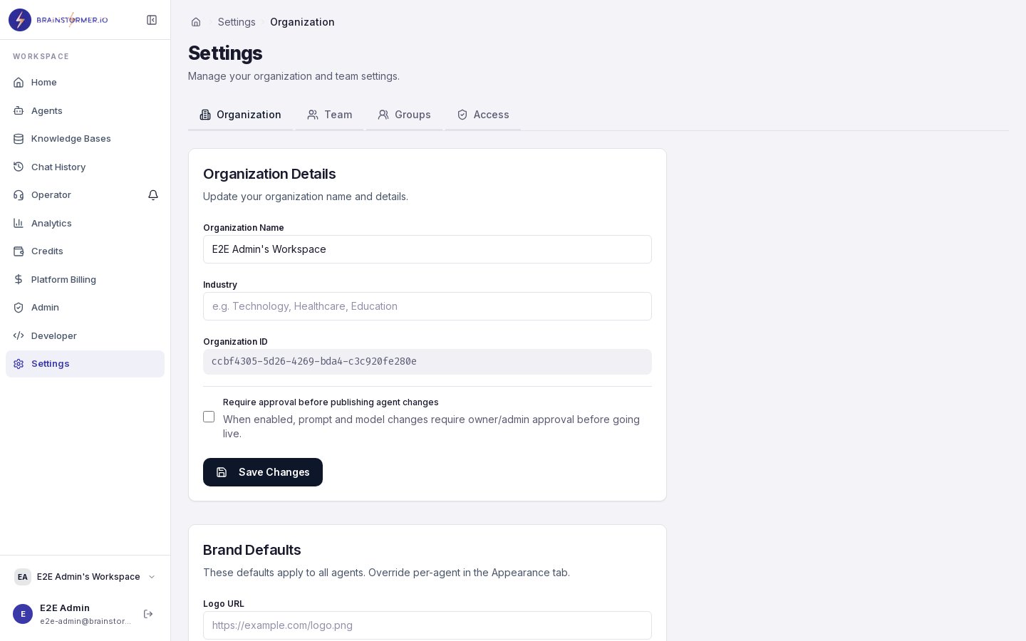 Organization settings page