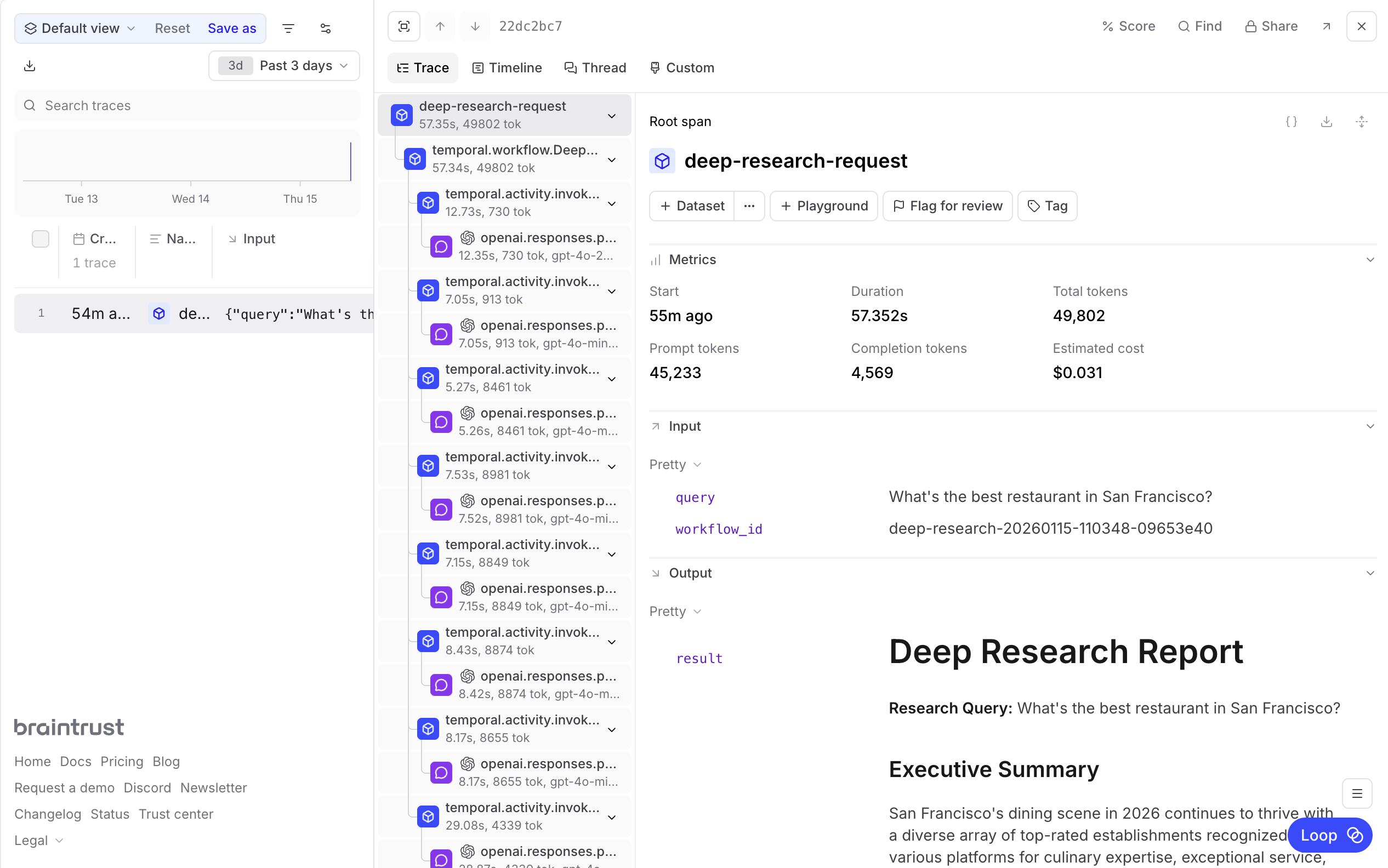 Deep research trace in Braintrust
