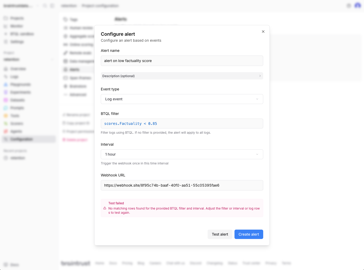 Test webhook alert failed