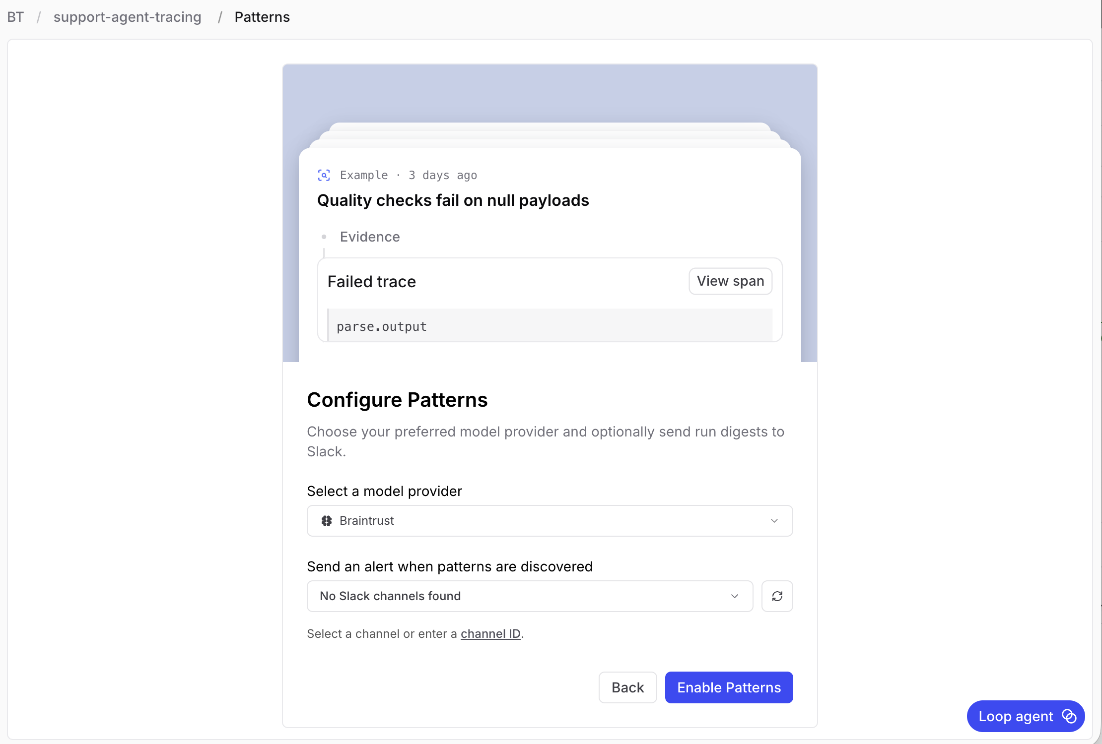 Configure Patterns panel with model provider and Slack channel fields