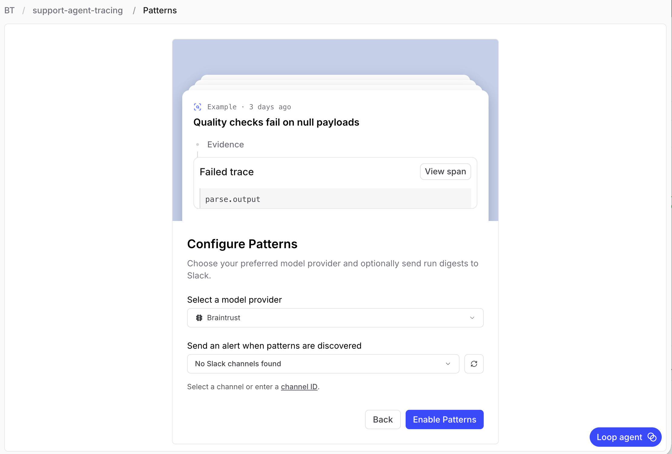 Configure Patterns panel with model provider and Slack channel fields