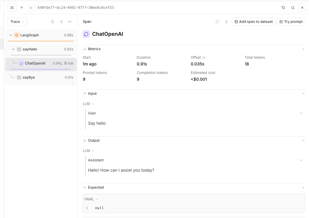 LangGraph trace visualization in Braintrust showing the execution flow of nodes and their relationships