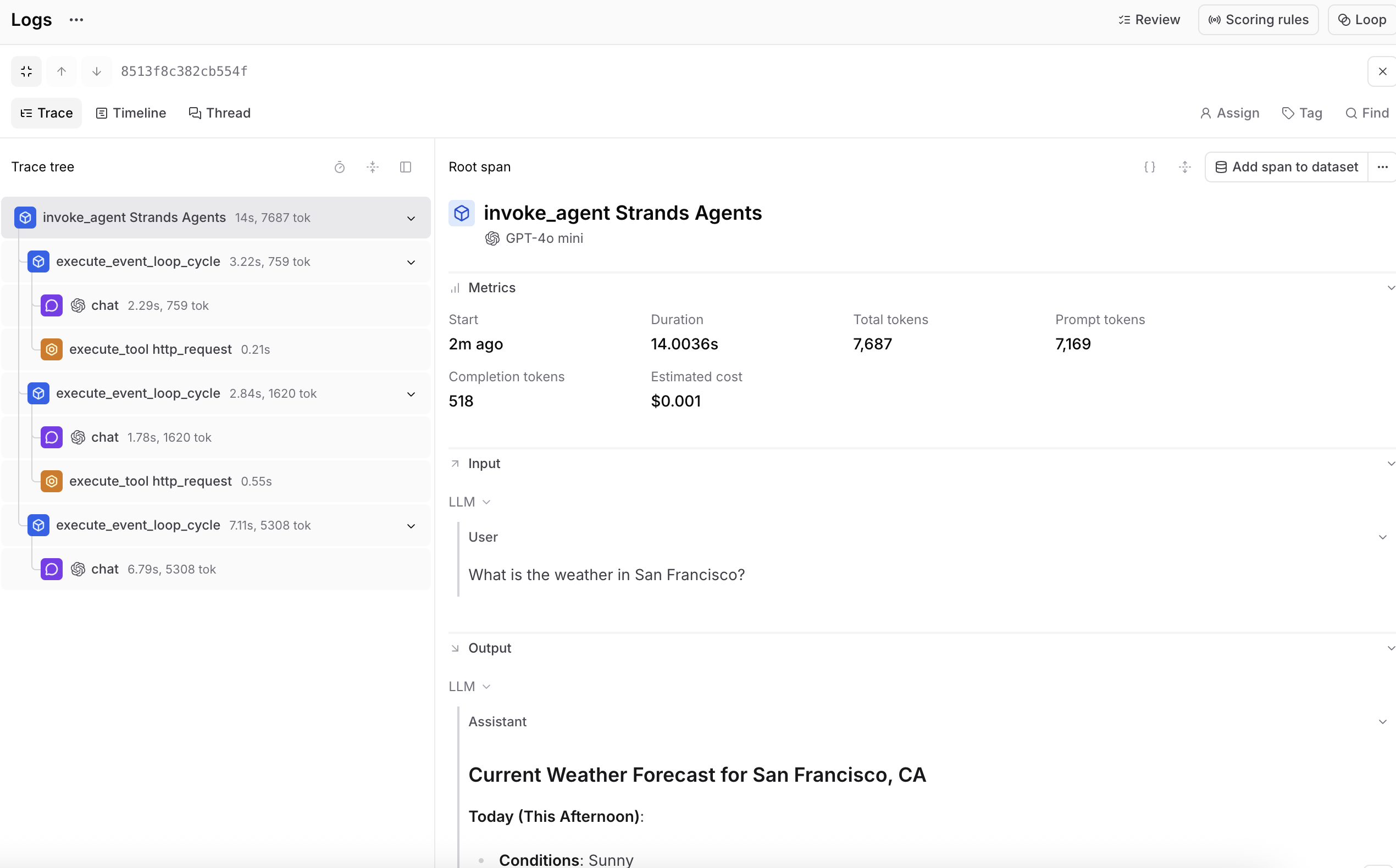 Example of automatic Strands agent tracing and logs sent to Braintrust